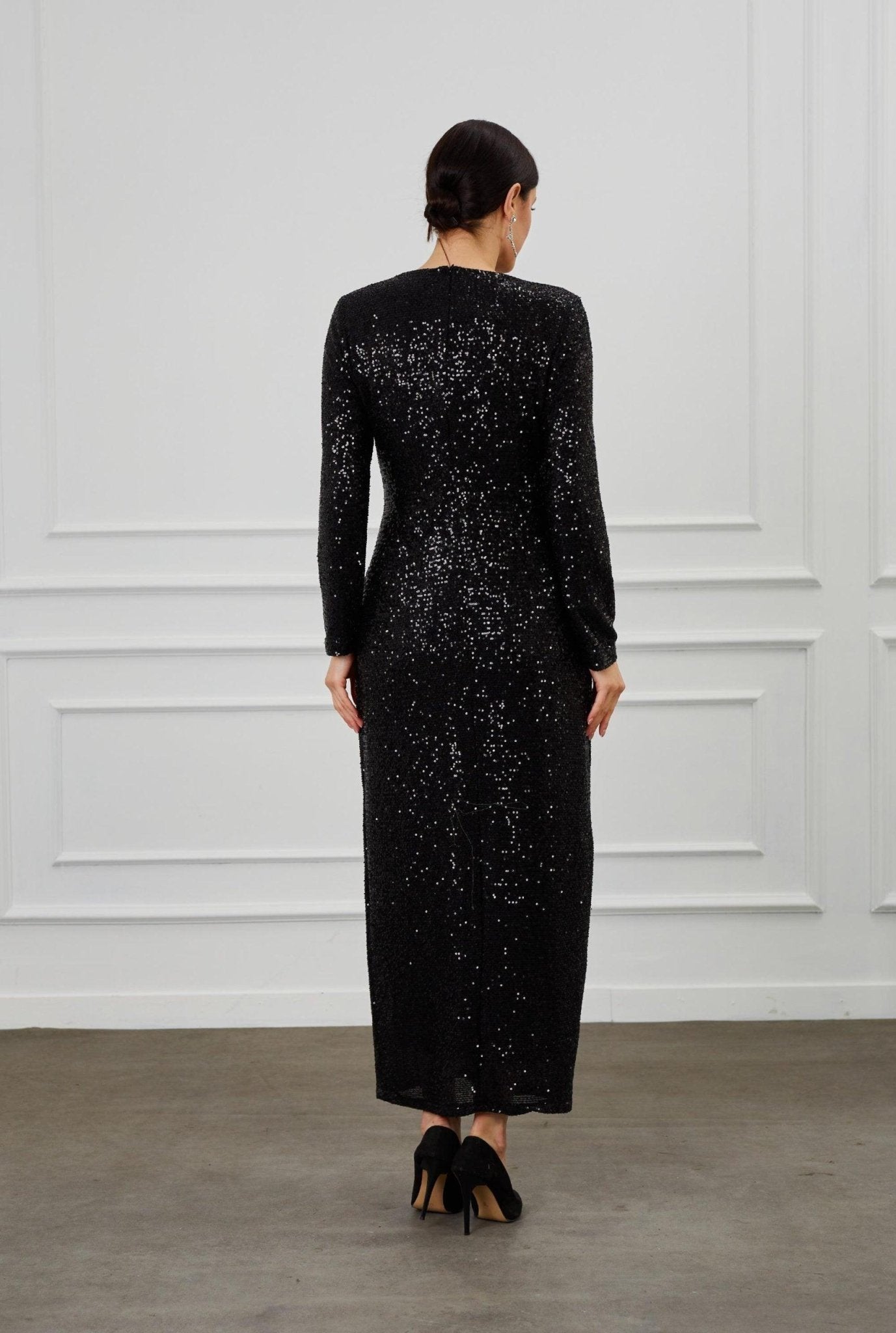 Siyah Payetli Büzgü Detay Tesettür Elbise - FioraofDress - tesettur - abiye - 44 - hijab - evening - dress