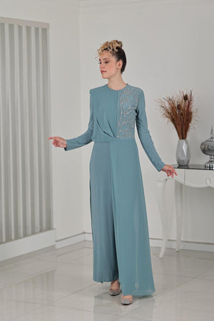 Taş Detay Şifon Zeren Tesettür Tulum Mint - FioraofDress - tesettur - abiye - 48 - hijab - evening - dress