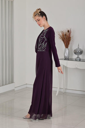 Taş Detay Şifon Zeren Tesettür Tulum Mürdüm - FioraofDress - tesettur - abiye - 48 - hijab - evening - dress