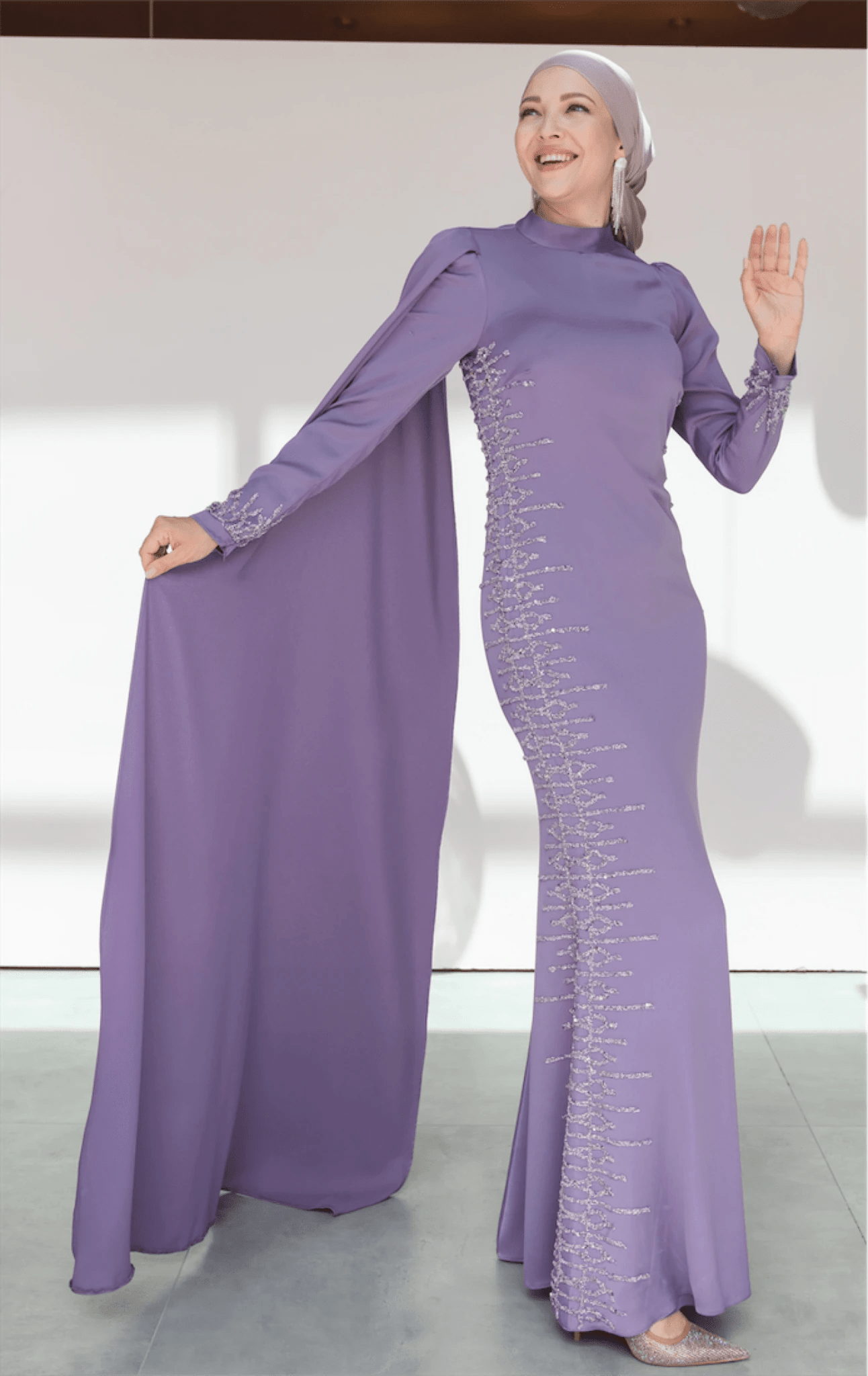 Tek Omuz Pelerinli Tesettür Abiye - FioraofDress - tesettur - abiye - 46 - LİLAA - hijab - evening - dress
