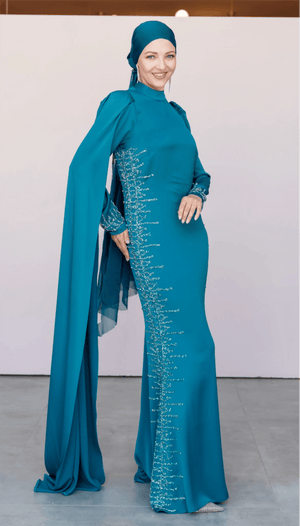 Tek Omuz Pelerinli Tesettür Abiye - FioraofDress - tesettur - abiye - 46 - PETROL - hijab - evening - dress