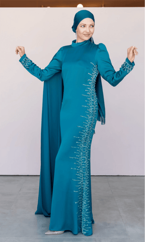 Tek Omuz Pelerinli Tesettür Abiye - FioraofDress - tesettur - abiye - 46 - PETROL - hijab - evening - dress